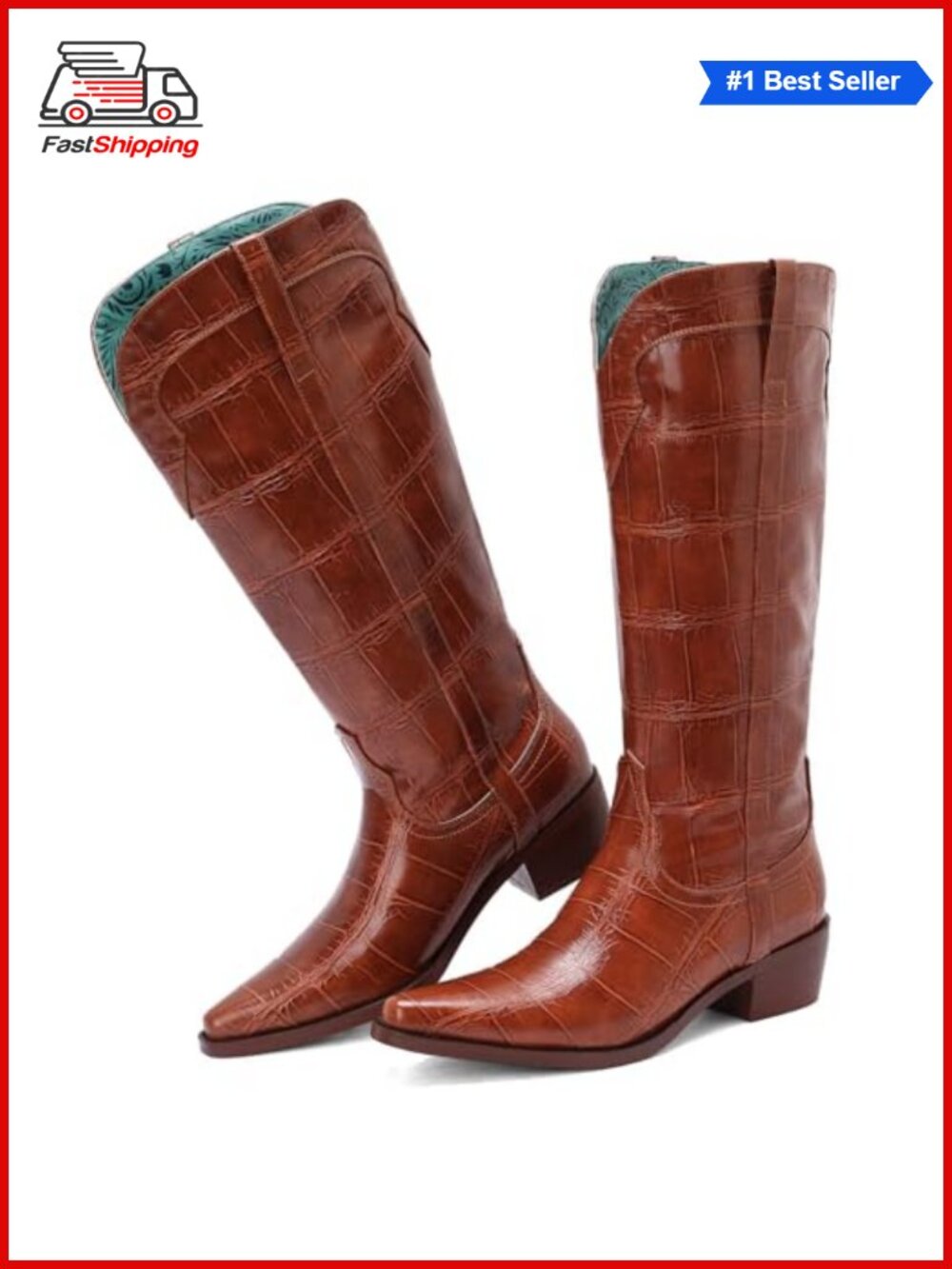 Wide Calf Knee High Western Cowboy Boots Faux Crocodile Leather Women